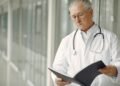 Elderly doctor with stethoscope attentively reading a medical report in a modern hospital setting.