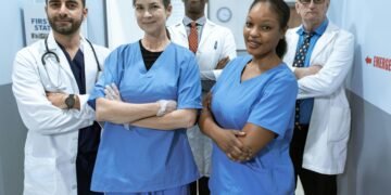 A diverse team of doctors and nurses smiling confidently in a hospital setting.